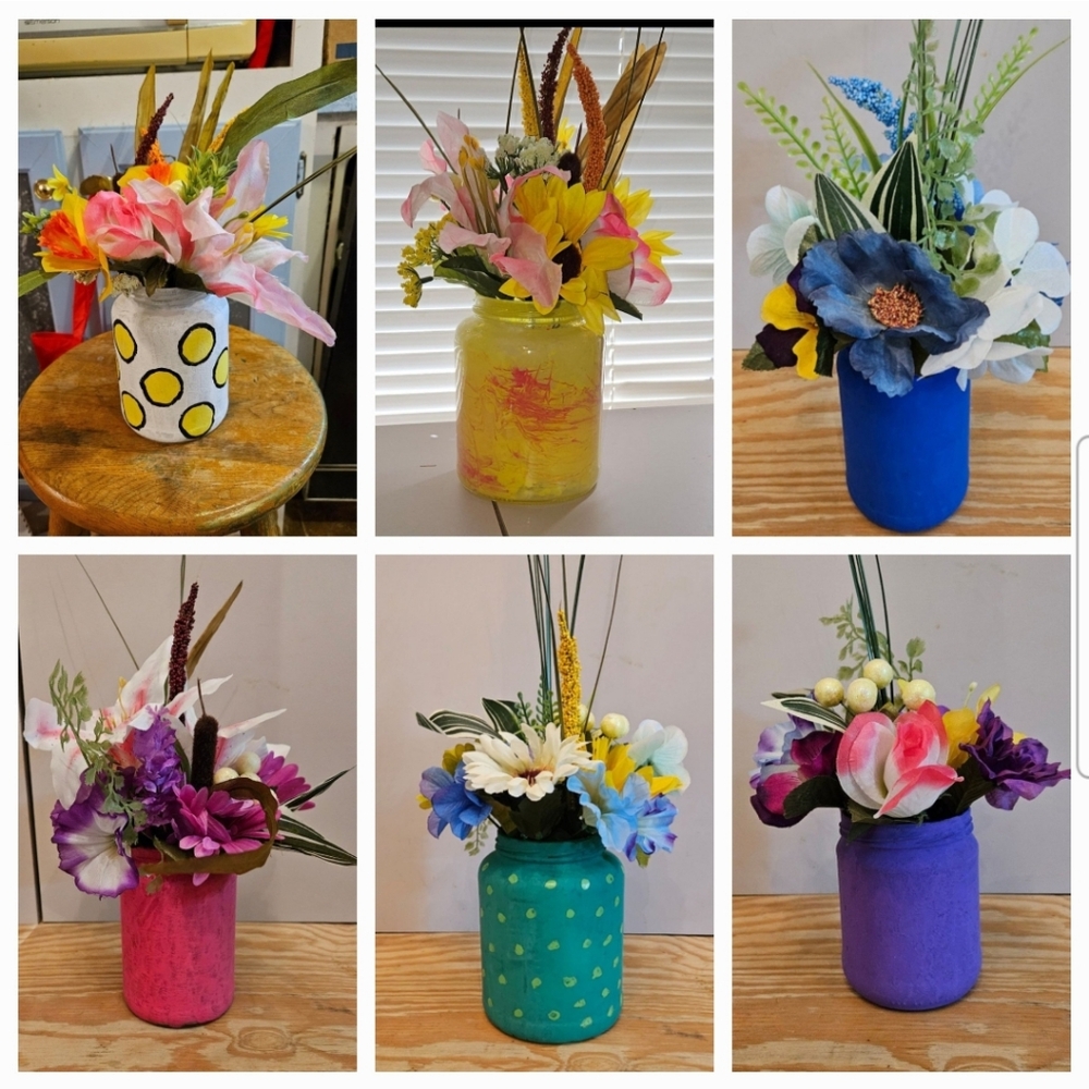 Mystery of One, One Of A Kind Silk Floral Arrangement in a Handpainted Glass Jar